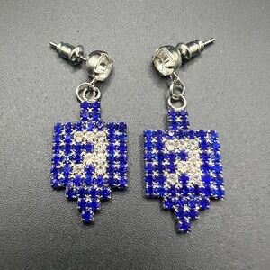 Sparkly Dreidel Hanukkah Earrings Festive Blue Rhinestone